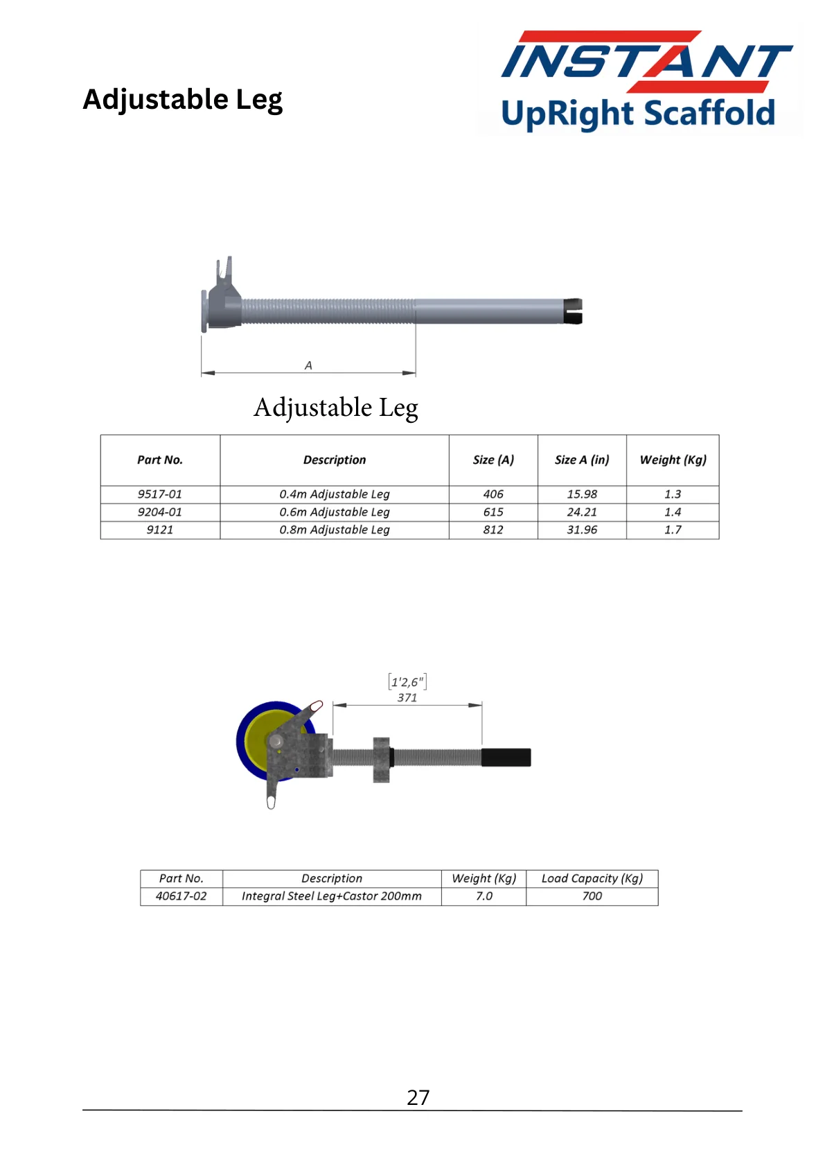 Integral Steel Leg and 200 mm Caster Assembly — 40617-02 — product view