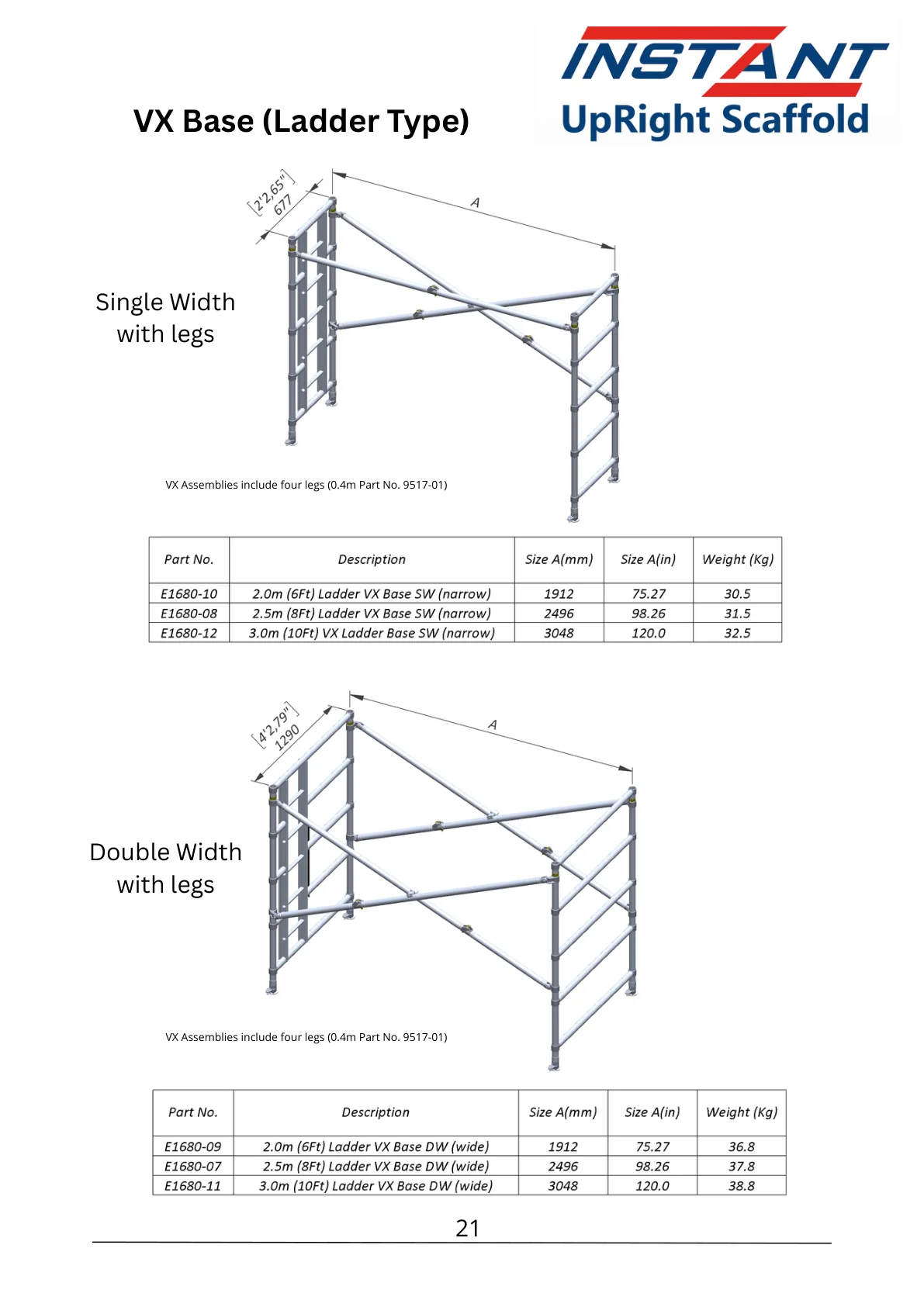 2.0 m Single-Width Ladder V-X Base With Legs — E1680-10 — product view